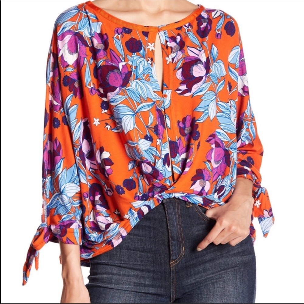 Free People Vibrant Orange Floral Top